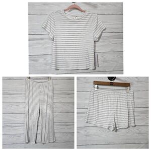 Sundry Blue White Stripe 3 Piece Lounge Set Top Shorts Pants Large NWT Pajama PJ
